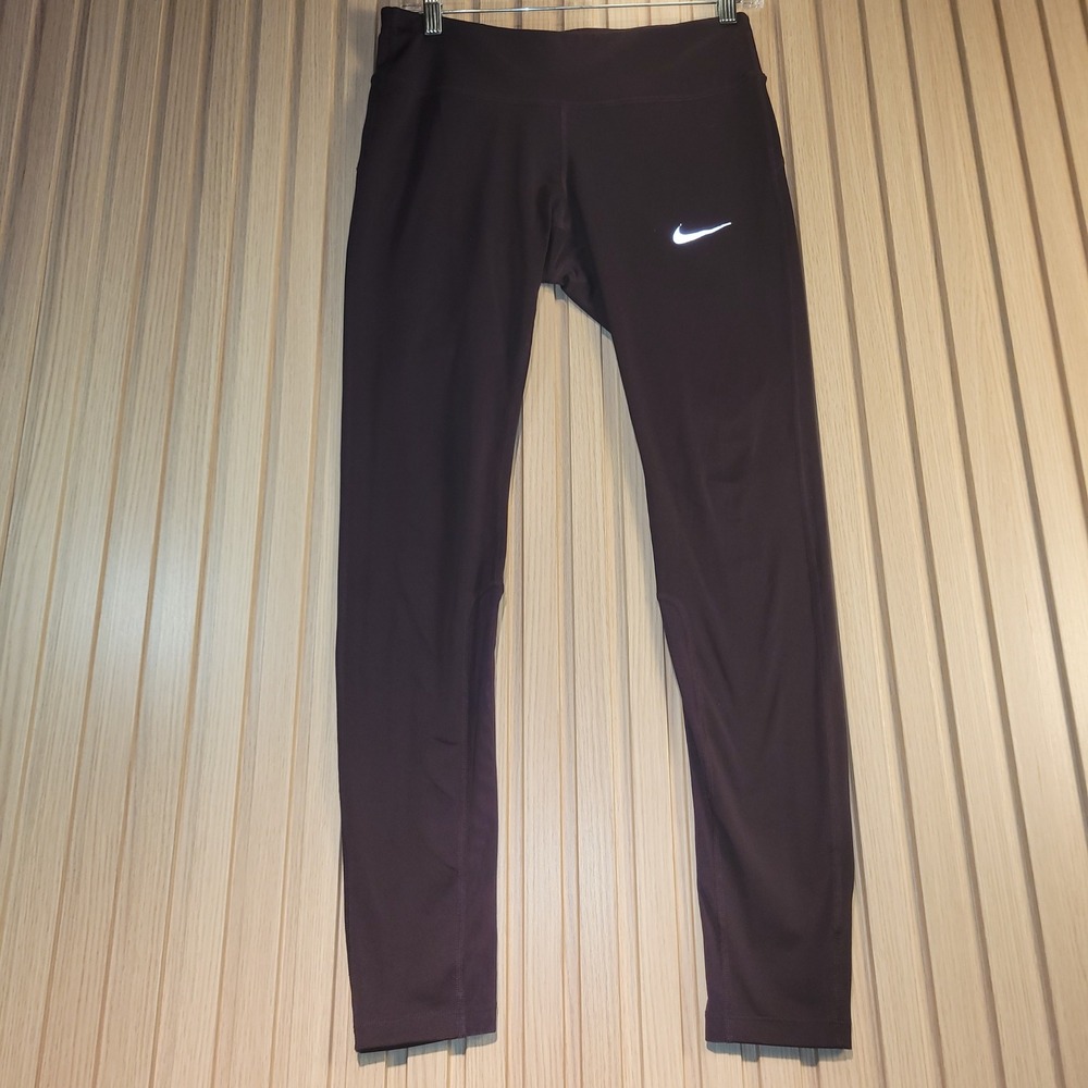 Nike Dri-FIT Women Running Leggings Mesh Panels Dark Plum Burgundy Medium